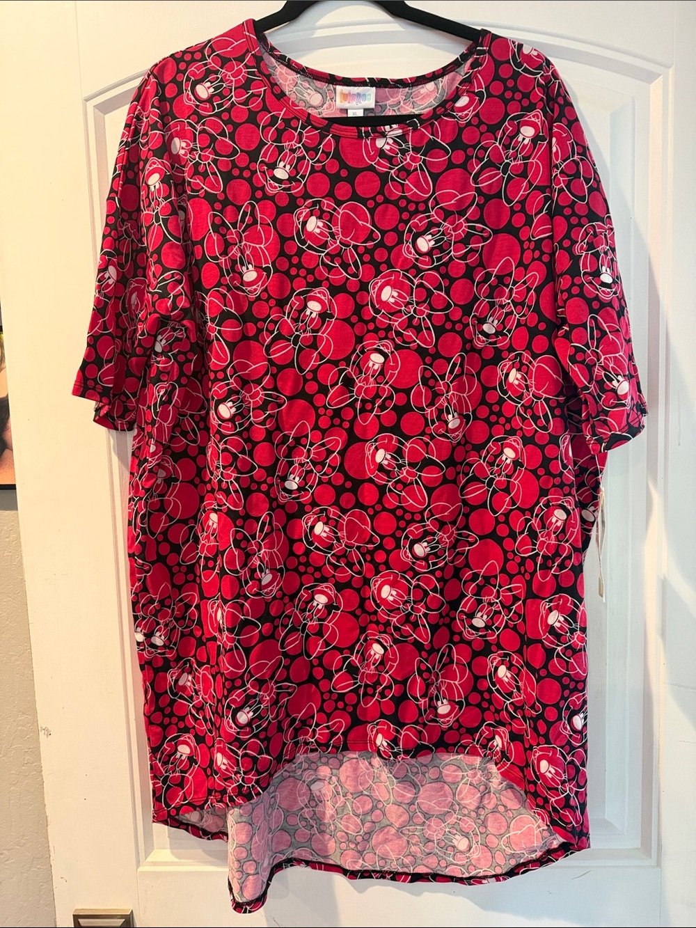 LuLaRoe Irma Red, Black and White Disney Minnie Mouse Short Sleeve Tunic